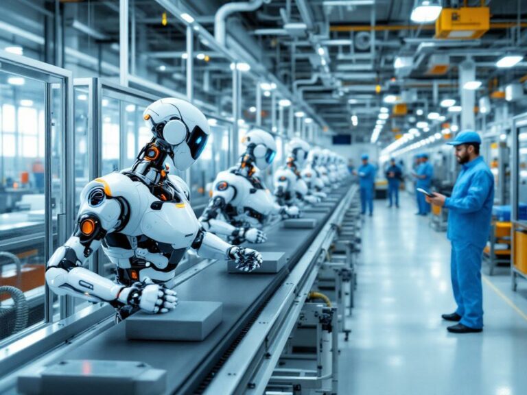Des robots humanoïdes travaillent au pied d'un convoyeur à bande sous la supervision d'un opérateur