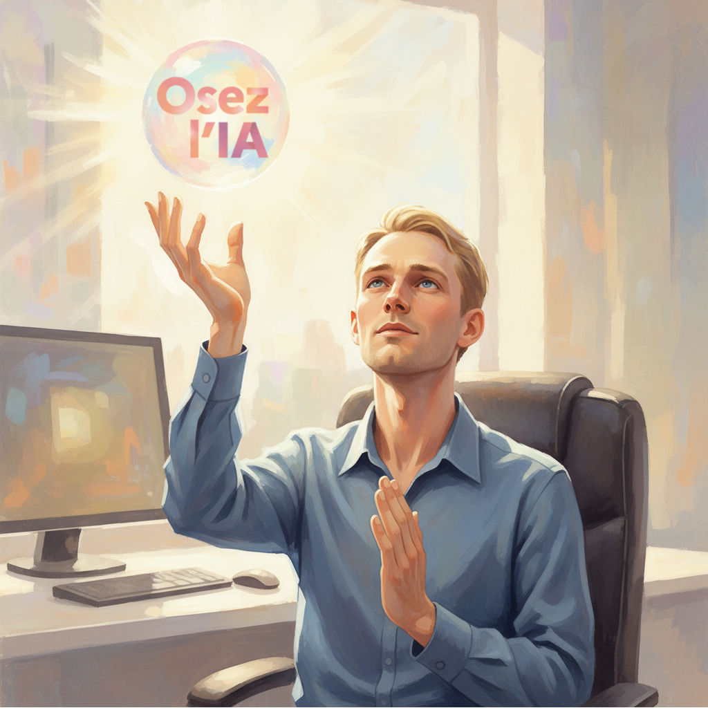 Boris Bocquet en tant qu'ambassadeur IA lève une main vers une sphère lumineuse en lévitation dans laquelle est écrit "osez l'IA". Le style suit le courant de peinture "symbolique".